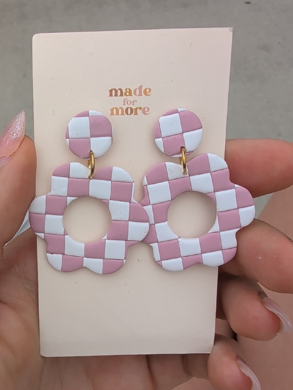 Made for More Pink & White Checkered Flower Hoop Earrings
